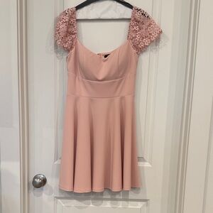 City Studio Blush Pink Mini Dress with Lace Cap Sleeves